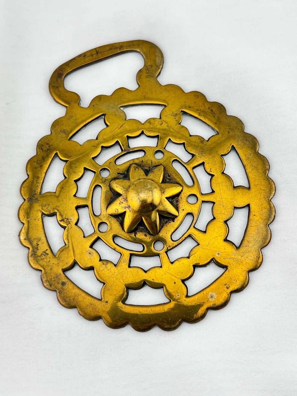 Brass Horse Medallion Antique English Traditional Club Geo Sun Disk Slot Harness